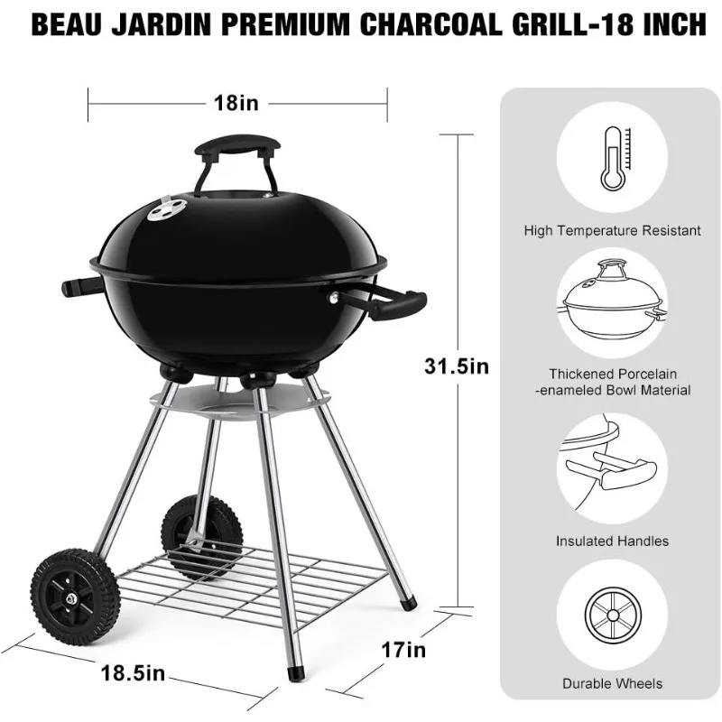 Premium 18 Inch Charcoal Grill for Outdoor Cooking BBQ Camping Grill Charcoal Kettle Grill