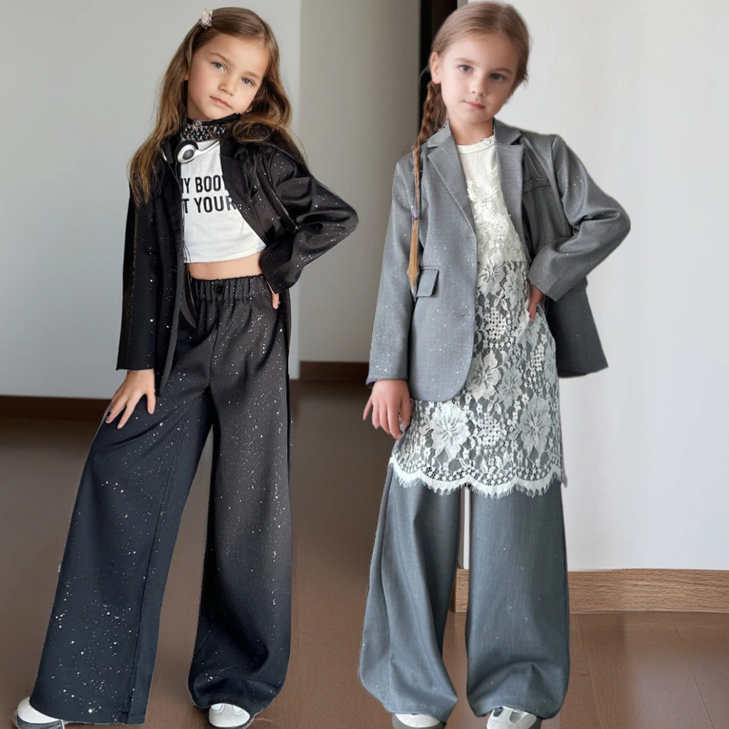 Girls Suit 2025 Spring Autumn Trendy Silver-Toned Blazer Pants Two-Piece Stylish Teens Kids Clothes Set Fashion Children Outfit