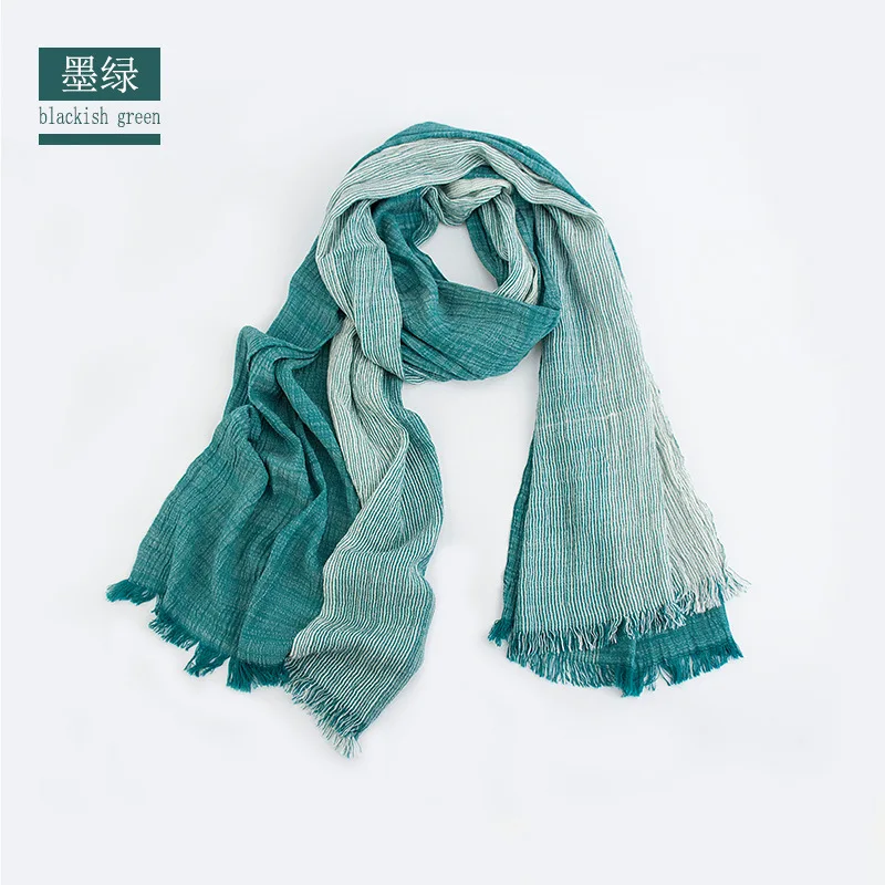 

New Mori Men Cotton Linen Scarf Thin Striped Shawl Fringed Pleated Soft Tassel Ombre Shawl Sunscreen Bufandas for Women 70*190cm