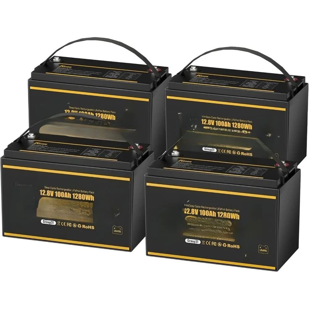 4 Packs 12V 100Ah Lithium LiFePO4 Battery， Buit-in 100A BMS,Use EV Grade A+ Cell,Up to 15000 Cycles, Low Temperature