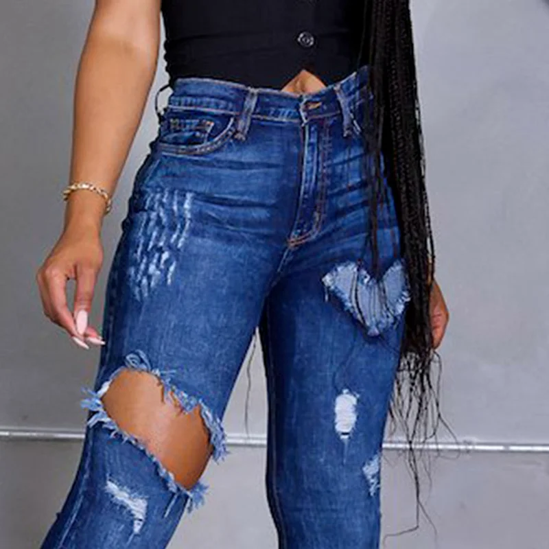 New Heart-shaped Flared Pants Mom Jeans Retro Blue Cute Flared Long Jeans Women's Fashion Ripped High Waist Casual Jeans Pants