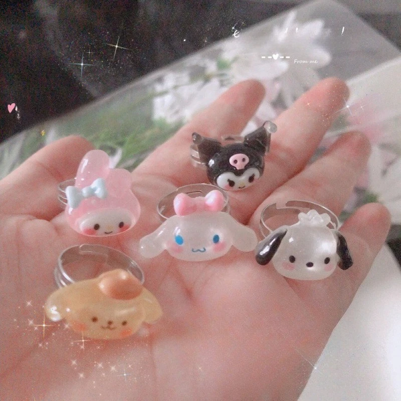 

6Pcs Kawaii Sanrio Anime Ring Yugui Dog, Chiapa Dog, Kulomi, Melody, Adjustable Ring, Children's Holiday Gift