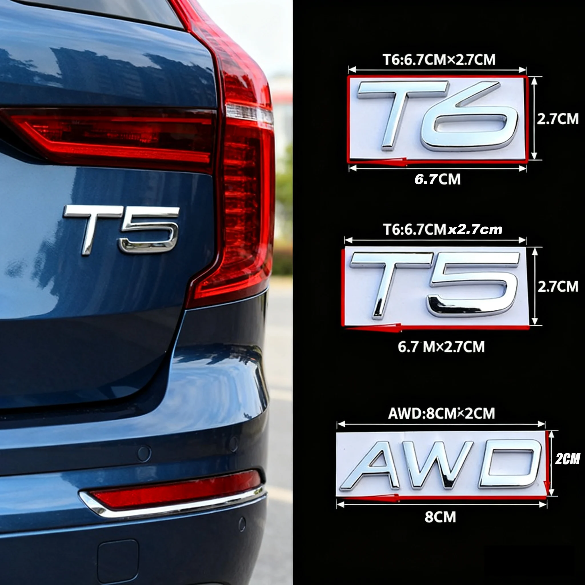 3D Metal T5 T6 AWD Logo letras maletero de coche emblema insignia pegatina accesorios para Volvo V70 V70xc S40 XC90 S60 S60L S70 S80