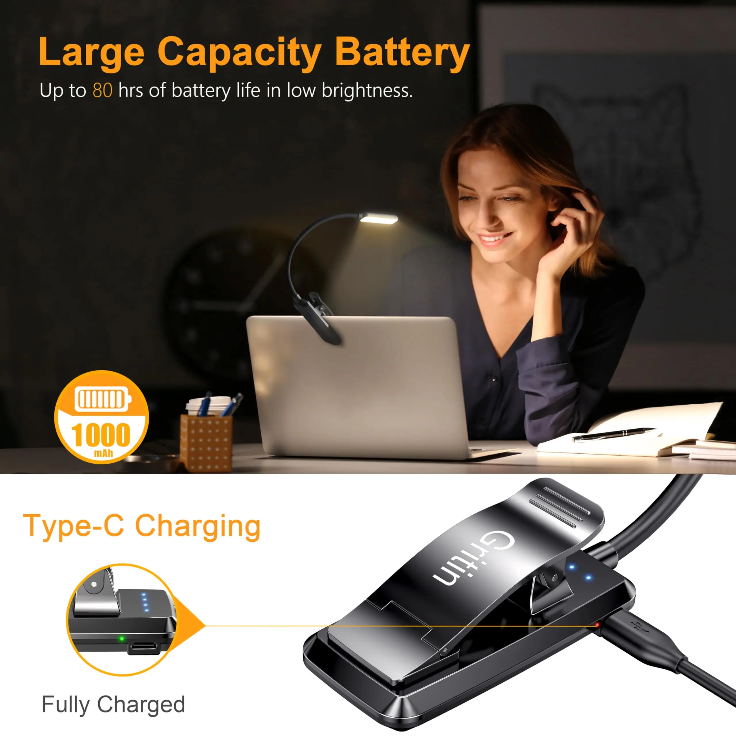 LED Rechargeable Book Light Reading in Bed Eye Caring 3 Color Temperatures Stepless Dimming Brightness