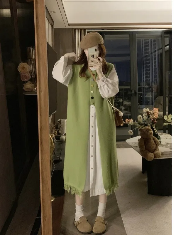 

plus Size Knitted Dress Women's Shirt Dress Inner Wear Single Button Autumn New Style City Commute Loose Fit High Waist Two-P...