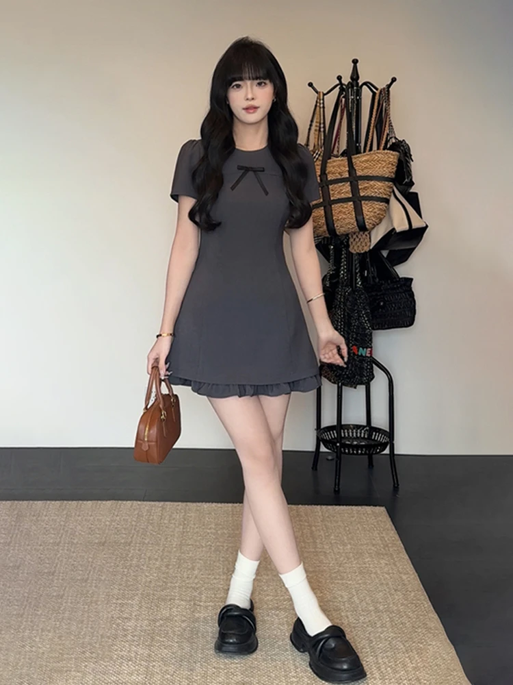 

French Academic O-neck Short-sleeved Bow Dress Women Summer Short Mini Dress Elegant Casual Outfit for Petite Girls 2025 Fashion