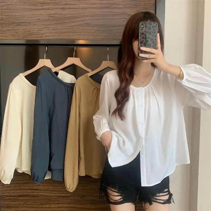 

Casual Lace Collar irt Women's Brand Tagl Design Sensation Small ence Top Korean Sle Long Sve Straight Cut
