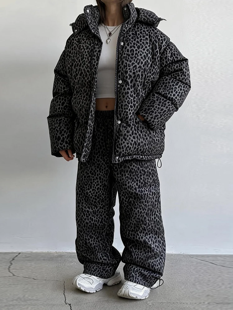 Hooded Leopard Print Women's Cotton Jacket Long Sleeve Pockets Elastic Waist High Street 2026 Winter Fashion Casual Pants