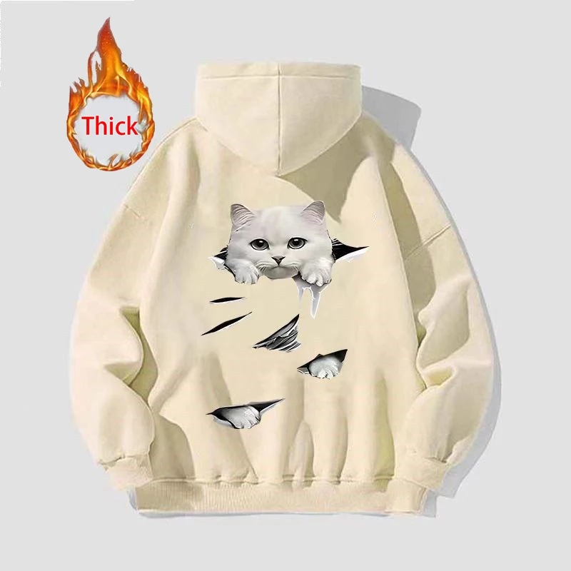 Cute Cat Thick Hoodies Women Fall Winter Warm Loose Long Sleeve Soft Tops Coats Vintage Lady Casual Preppy Style Kawaii Pullover