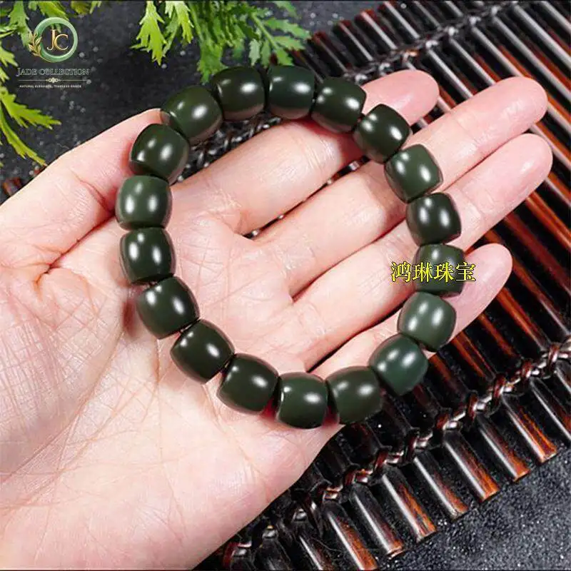 Xinjiang Hetian jade straight cut bracelet 11 * 12mm ink sapphire old bead jade bead string jade bracelet single circle