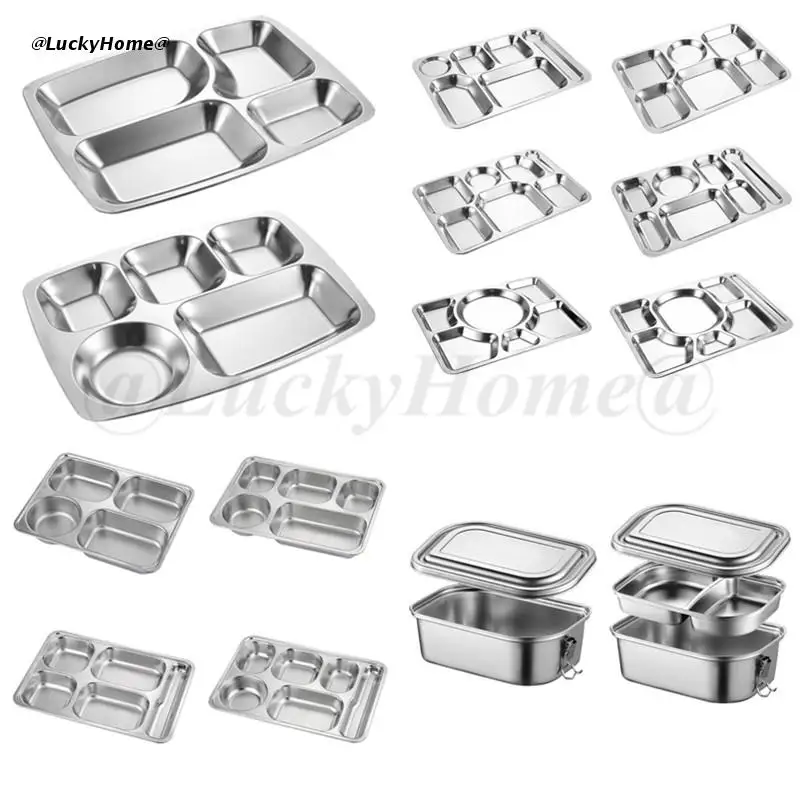 1Pc Rvs Verdeeld Dinner Tray Lunch Container Voedsel Plaat Voor School Kantine 3/4/5 Sectie