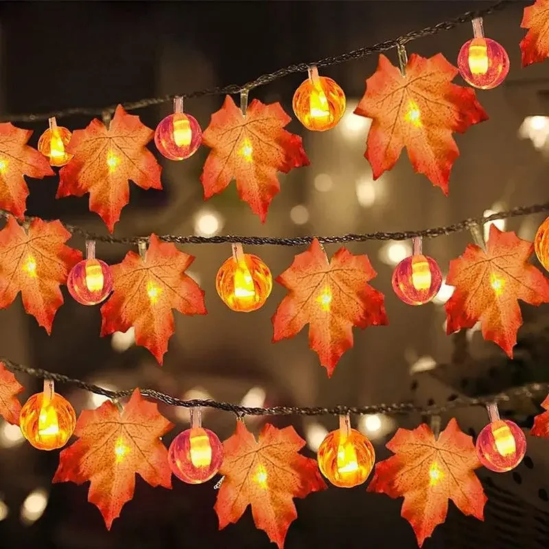 Imagem -02 - Halloween Maple Leaf Pumpkin Led String Luzes Artificial Autumn Maple Leaves String Light Simulação