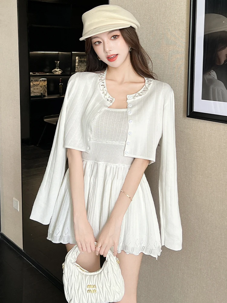 

Fashion Women's 2 Piece Set Luxury Bead O-Neck Long Sleeve Knitted Cardigan + Sexy Sling Mini Pleated Dress Ladies Sweet Suit