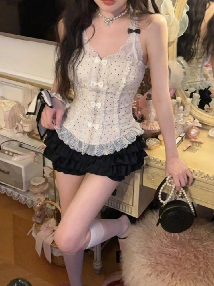 Elegant Sweet Bow Lace Patchwork Camisole Tops Women+ Y2k Fashion Ruched Ruffles Skirts 2024 Summer New Two Piece Sets