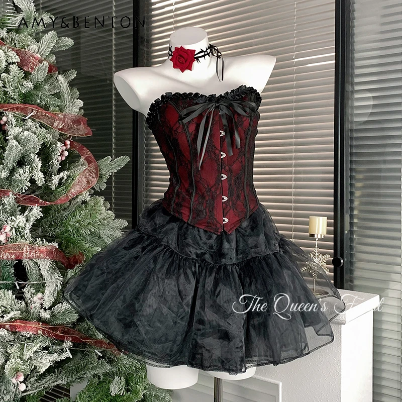 

Summer New Dark Retro Hot Girl Outfit Sexy Black Red Lace Fishbone Corset Top High Waist Puff Short Skirt Two-Piece Set