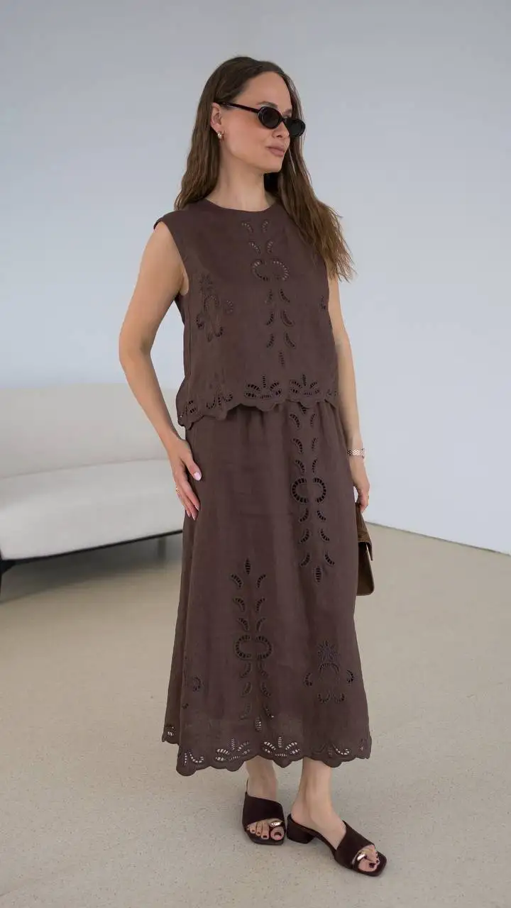 FSLE【Premium Series】Summer Women Linen Two Piece Set Cut-Out Embroidered Sleeveless Top Midi Skirt Boho Beach Vacation Style