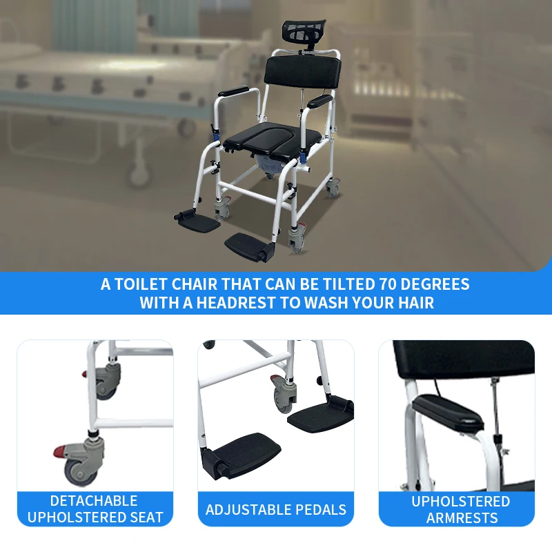 High Quality Tilt-in-Space Shower Commode Transport Chair, 120kg Capacity, Rehabilitation Therapy, Portable Medical Equipment