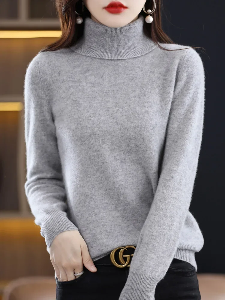 100% Merino Wool Cashmere Women Knitted Sweater Turtleneck Long Sleeve Pullover Autumn Clothing Elegant Casual Jumper Y2k Tops