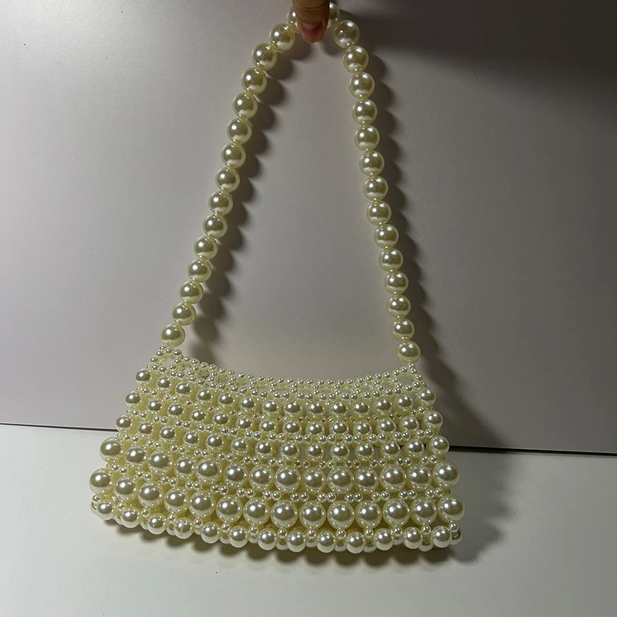 Summer Pearl Bead Hollow Out Shoulder Bag Bead Chains Hand-Woven Design Beach Women Underarm Handbags Mobile Phone Bag Bolsa Sac