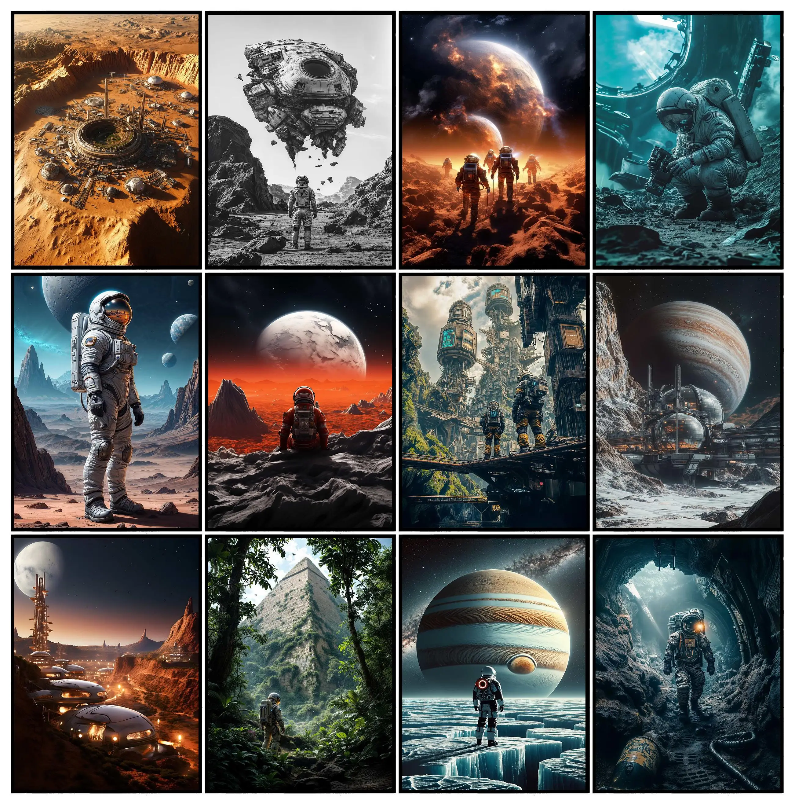 Surrealismo futuro paisaje urbano astronautas explorar el universo alienígena cartel abstracto pinturas en lienzo imágenes artísticas de pared decoración del hogar