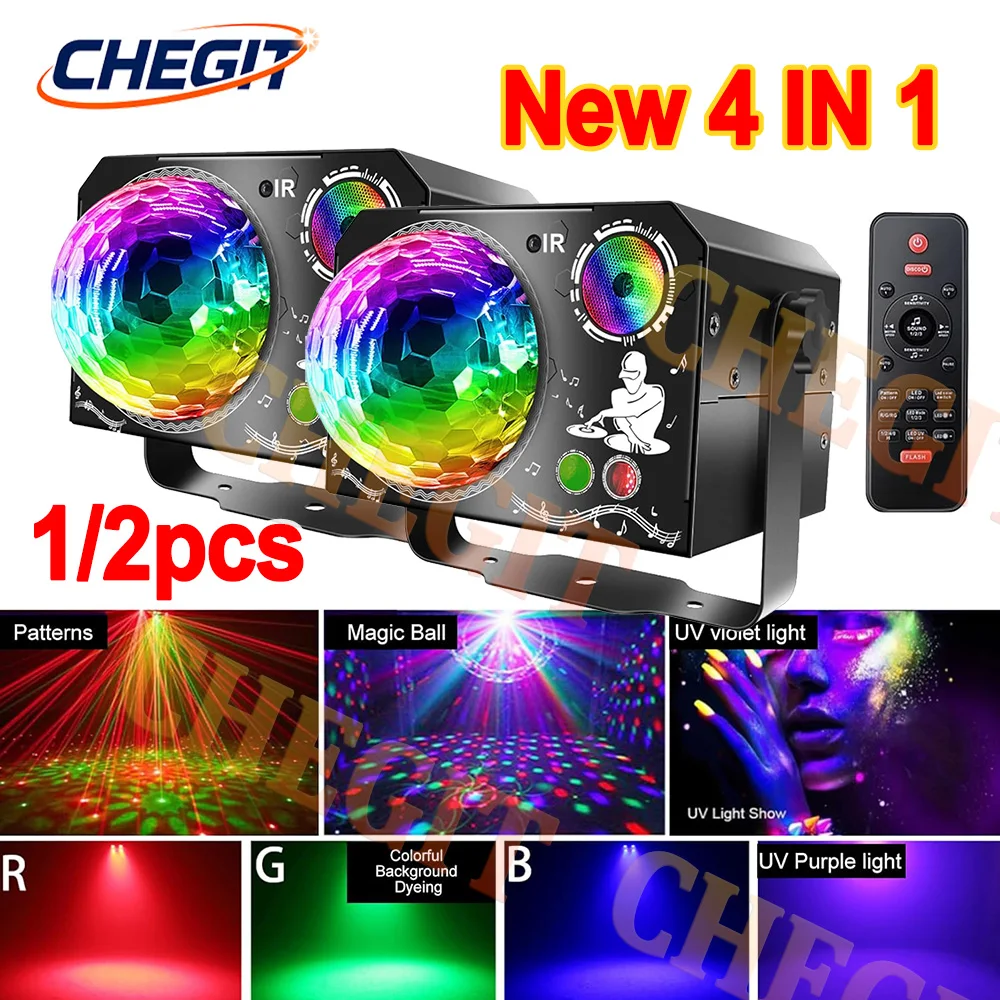 

4в1 Диско-свет RGB УФ-светодиодный сценический вращающийся DJ Ball Стробоскоп Дистанционное управление звуком Волшебный танец Рождественский подарок Вечеринка Клуб Лазер
