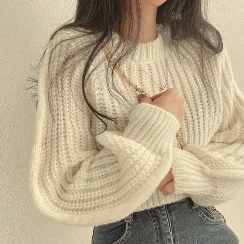 

Korean Chic Solid Color Loose All-match Tops Women Autumn and Winter 2024 New Pullovers Temperament Slim O Neck Knitted Sweater