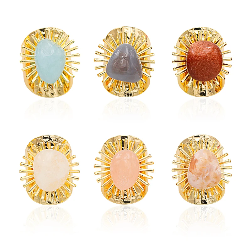 Irregular Polished Tumbled Stone Open Ring for Women Girls Gold-color Boho Raw Crystal Finger Jewelry Resizable