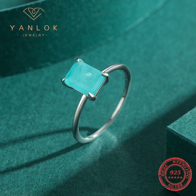 YANLOK Luxury Paraiba Tourmaline Ring 925 Sterling Silver Radiant Cut Finger Rings for Women Sterling Silver Fine Jewelry