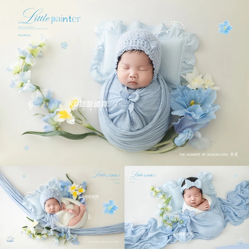 Newborn Photo Props Light Blue Wrap Knit Bow Hat Ruffle Pillow 3Pcs Infant Studio Shooting Outfit Baby Wrap Photography Costume
