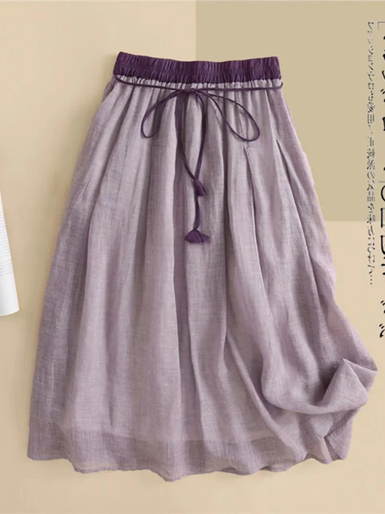 ارتفاع الخصر طبقات مزدوجة الكتان ألف خط تنورة المرأة ماكسي ميدي تنورة جرس بوت القطن الكتان f الجسم التنانير #3