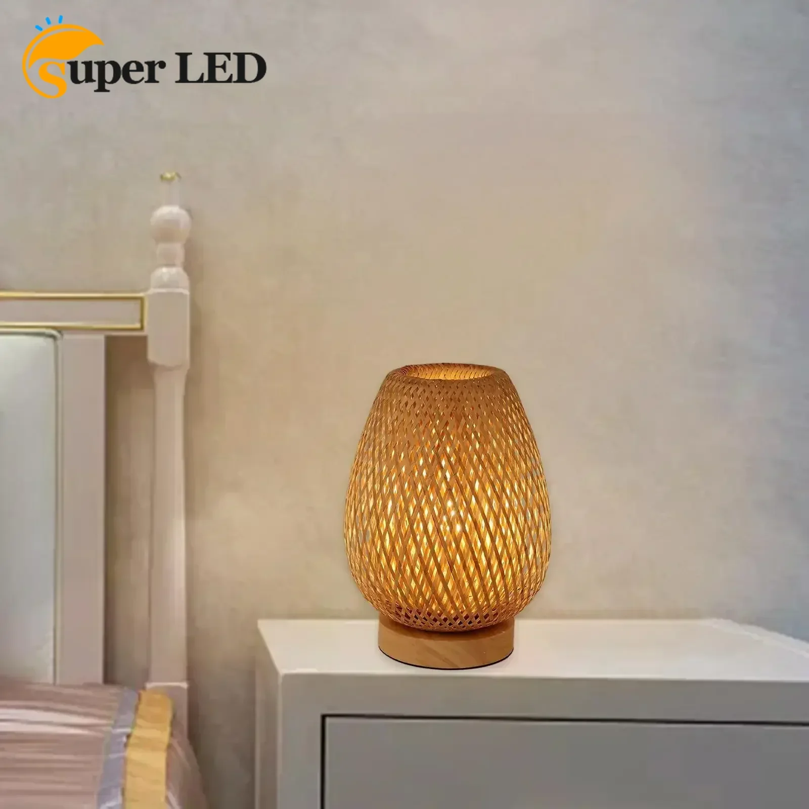 

EU Plug Bamboo Lampshade Table Lamp Decor Night Light Simple Night Stand Lamp Desk Lamp Living Room Office Restaurant Bedroom