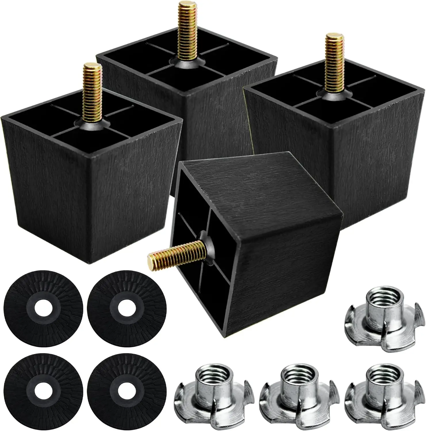 

4PCS 2 Inch Plastic Furniture Legs, Square Tapered M8 Thread Sofa Couch Chair Feet Leg Replacement with M8 Hanger Bolts and T-Nu