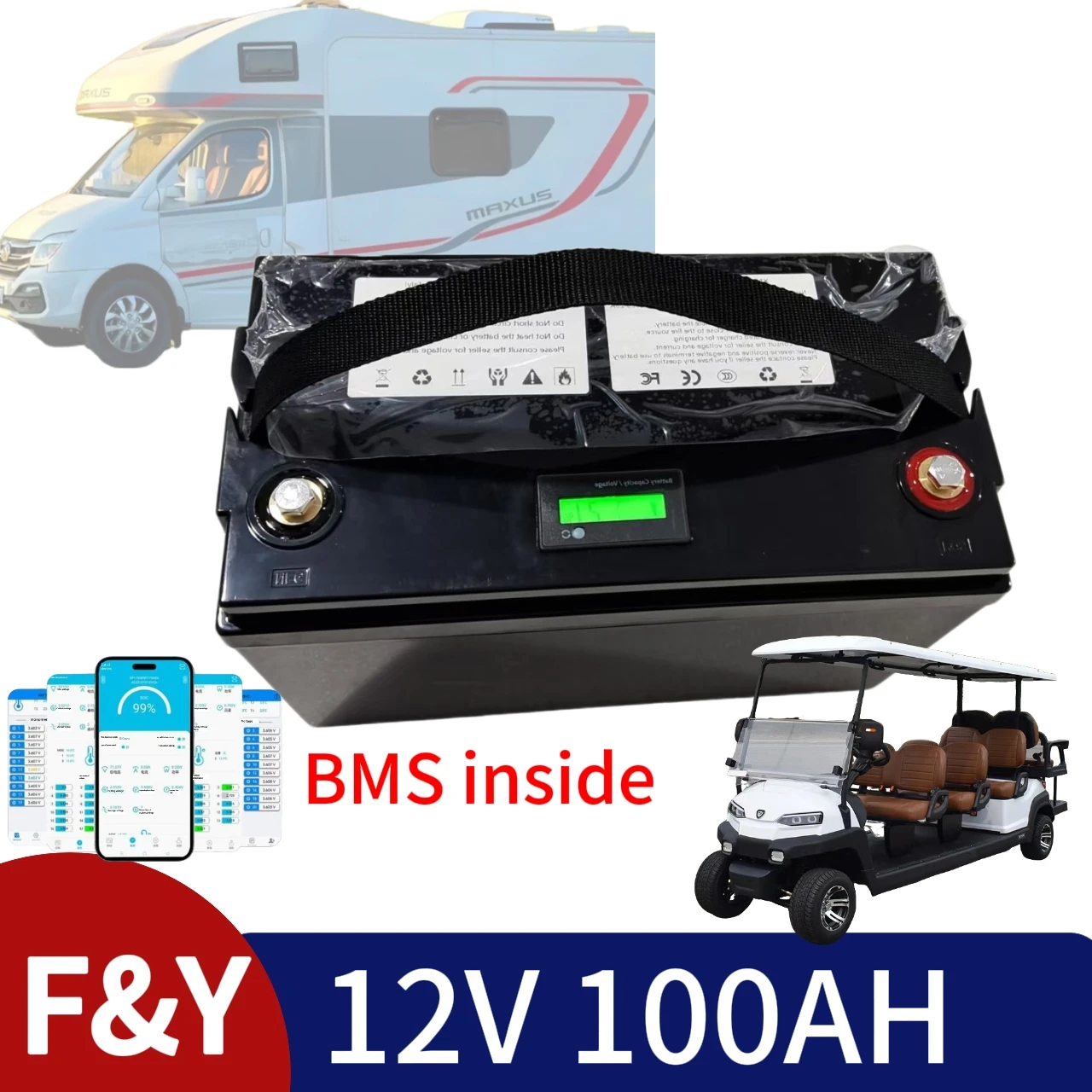 

F & Y12V 100Ah Встроенные 100A BMS литий-железо-фосфатные аккумуляторы для фургонов/троллинг-двигателей/гольф-каров/кемпинга