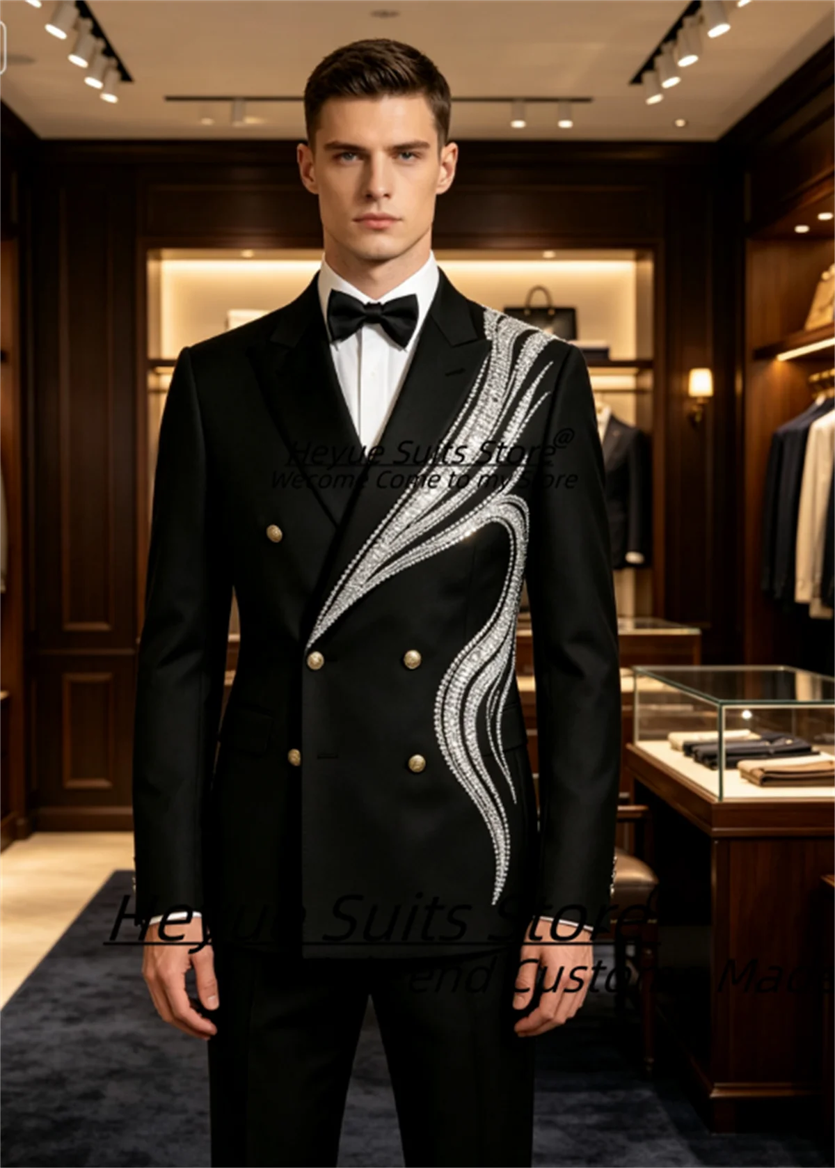 Hand Stitched Silver Rhinestone Wave Men Suits Customized Slim Fit Double Breasted Peak Lapel Groom Wedding Tuxedos 2Pieces Sets