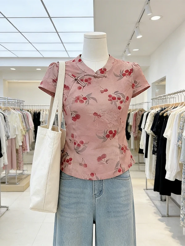 

Large Size Embroidered Print Short Sleeve Shirt Women's Summer Fashion Traditional Chinese Style Button up Top for Office