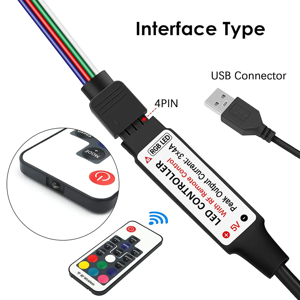 Controller LED DC5V USB Mini RGB Telecomando wireless RF a 17 tasti per strisce LED 3528 5050