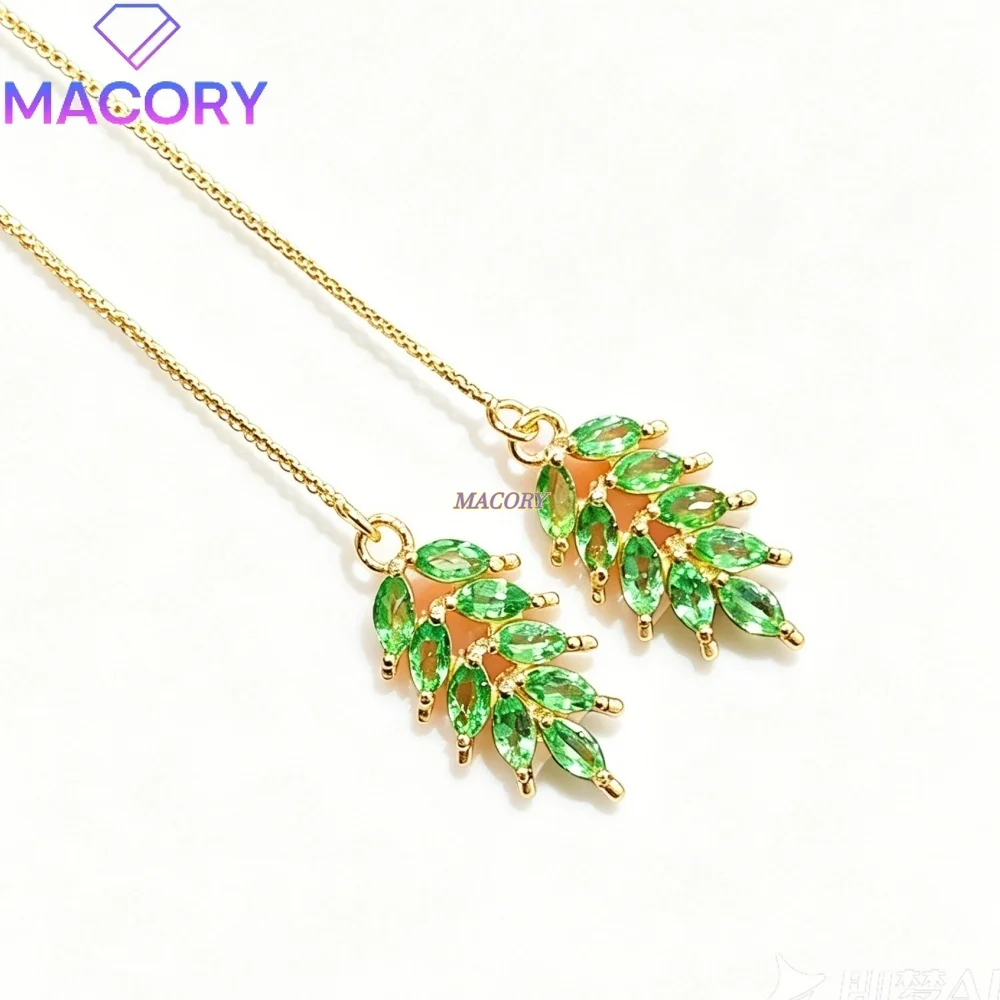 S925 Sterling Silver Natural Tsavorite Ear Line for Women Leaf Long Dangle Earrings Fine Jewelry Wedding Party Gift