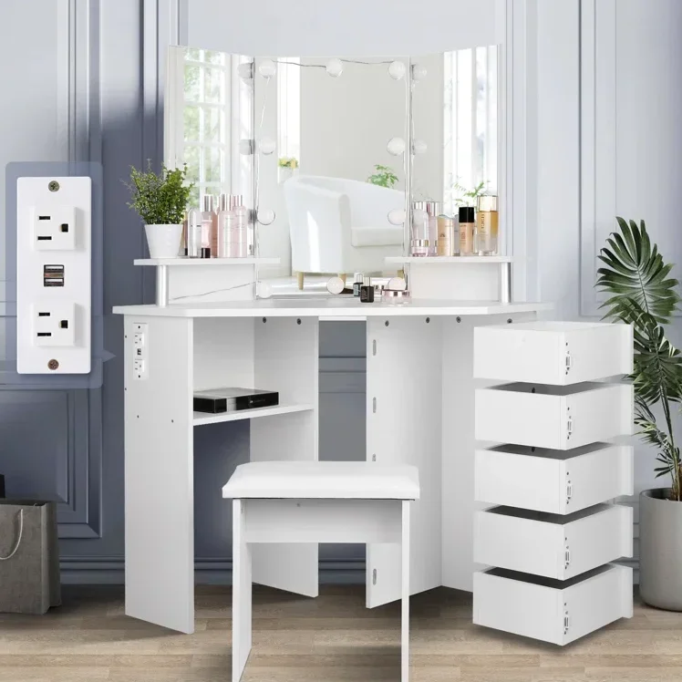 Ensemble de 5 miroirs d'angle en bois blanc, vanité nar, commode de maquillage, meubles de bureau de chambre à coucher, proximité réglable