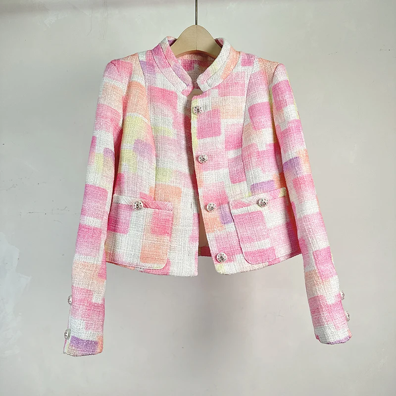 

2024 New High Quality Fashion Women O Neck Pink Plaid Print Tweed Coat Runway Chic Autumn Winter Diamonds Button Short Outerwear