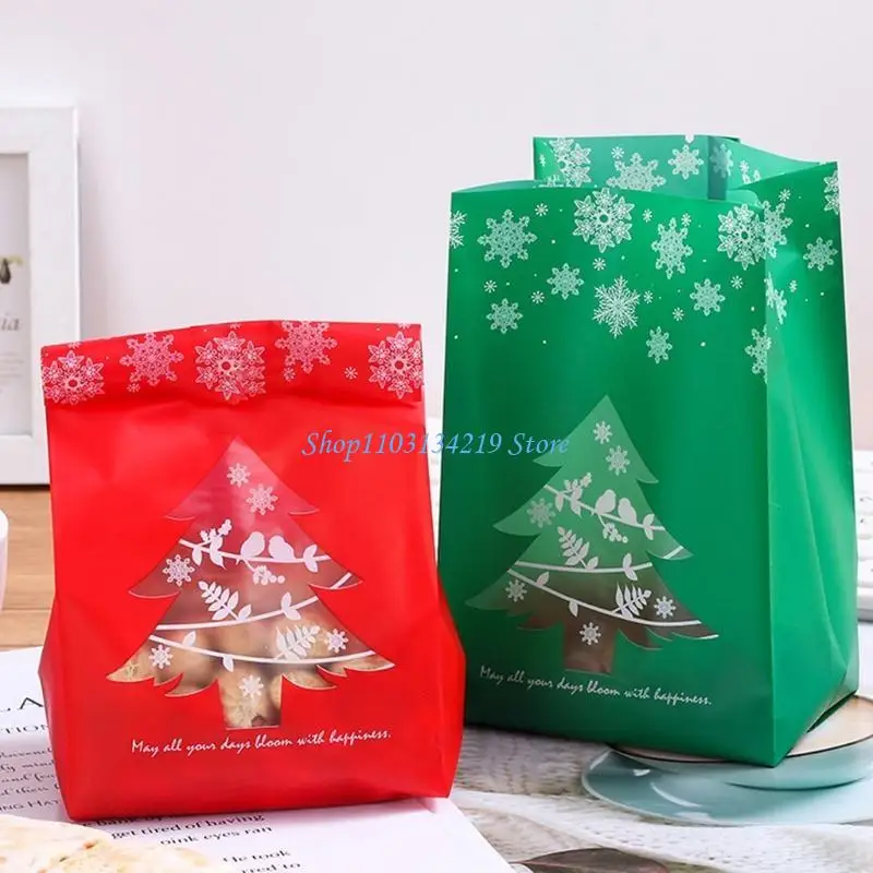 N5KC 50Pcs Christmas Plastic Candy Treat Bag Snowflake Xmas Tree Baking Cookies Biscuit Gifts Packaging Container Decoration