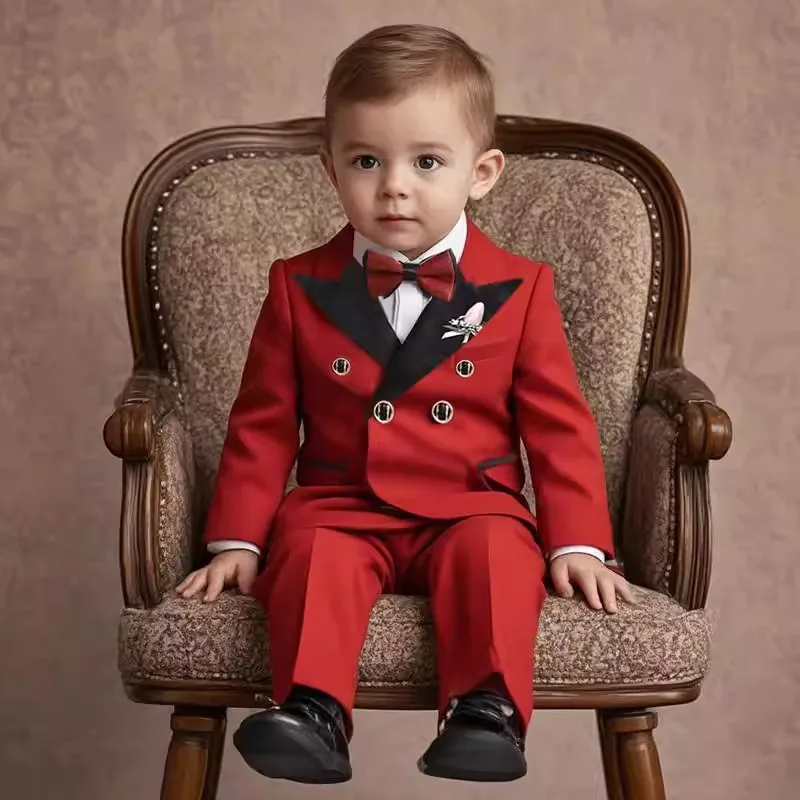Flower Boys Red Wedding Dress Kids Double-breasted Suit Set Children's Birthday Ceremony Performance Costume