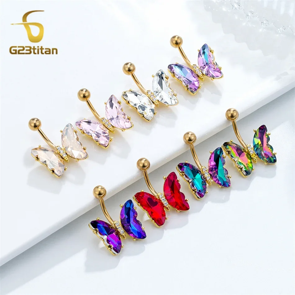 

Bright Butterfly Belly Button Rings Colors Zircon Wing 14G G23 Titanium Steel Curved Barbell Navel Piercing Women Body Jewelry