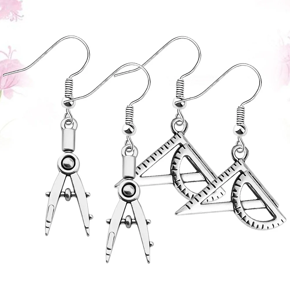 2 Pairs Architect Earrings Jewelry for Girl European and American Triangle Ruler Dangler Woman Unique