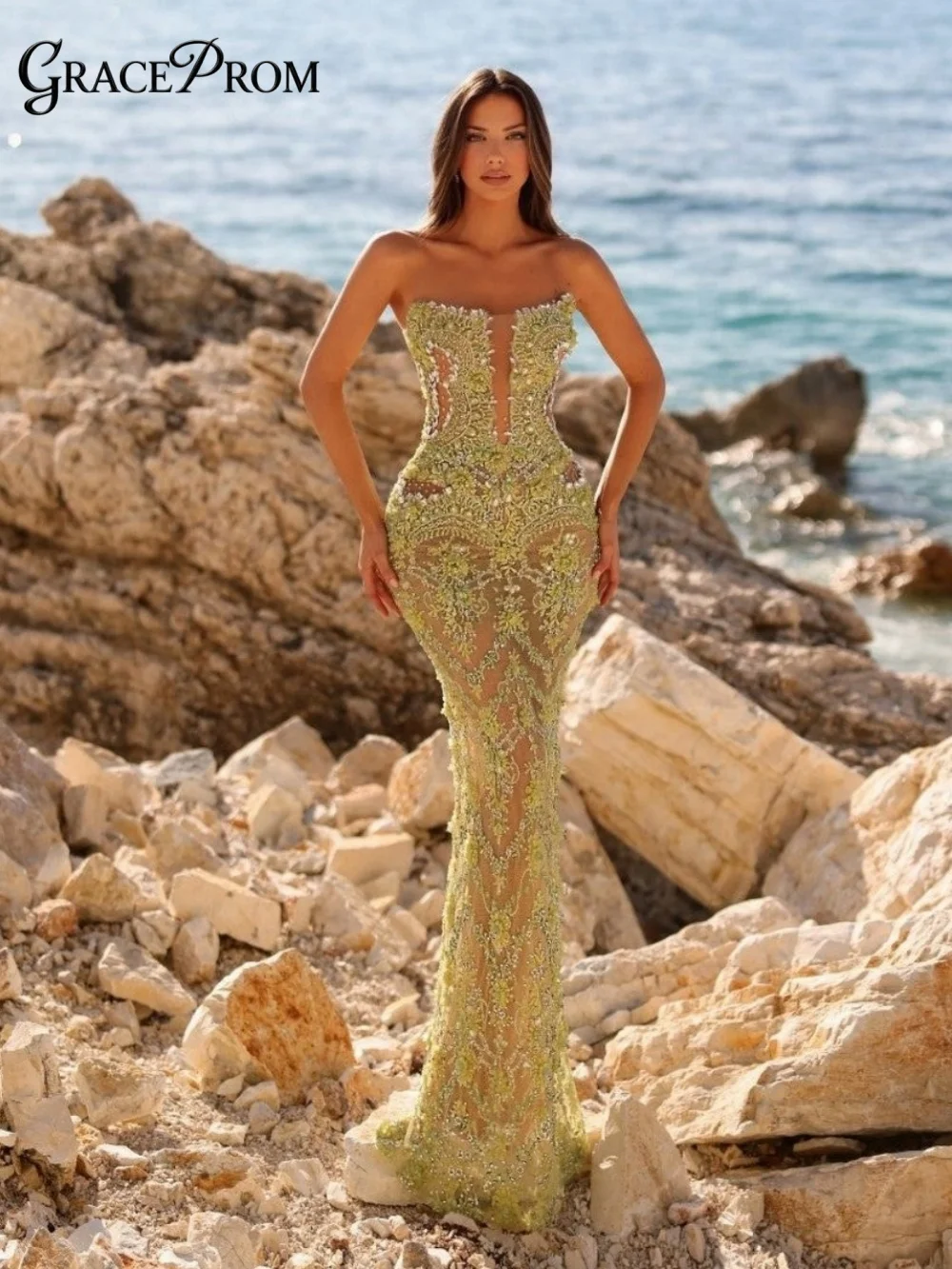 

Luxurious Light Green Nude Strapless Long Dress 2026 Radiant V Neck Bead Party Dress Evening Gown For Wedding Guests فساتين سهرة