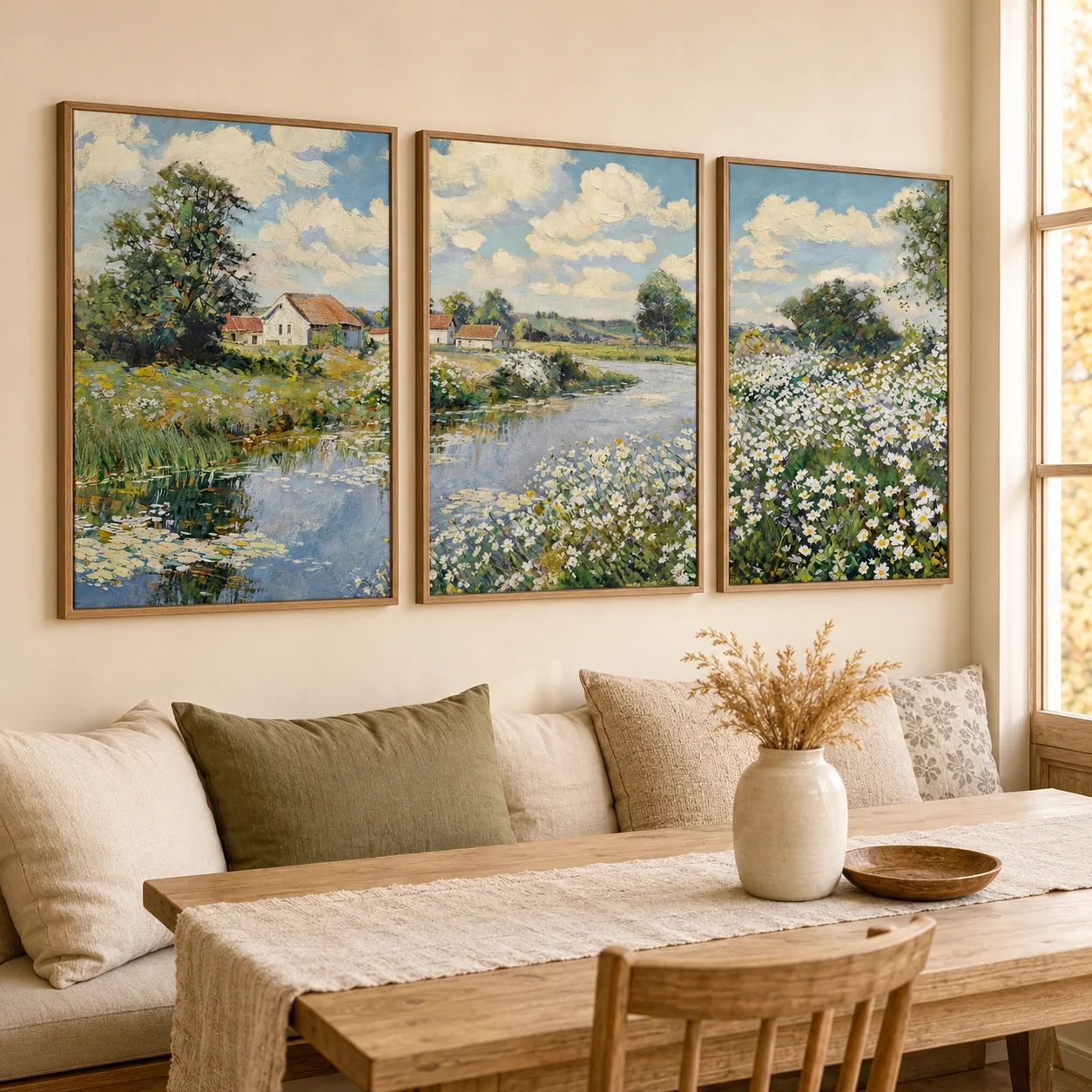 3PCS Monet Style Impressionist Countryside River Canvas Wall Art, Daisy Flower Field Scenery Prints for Living Room Home Decor