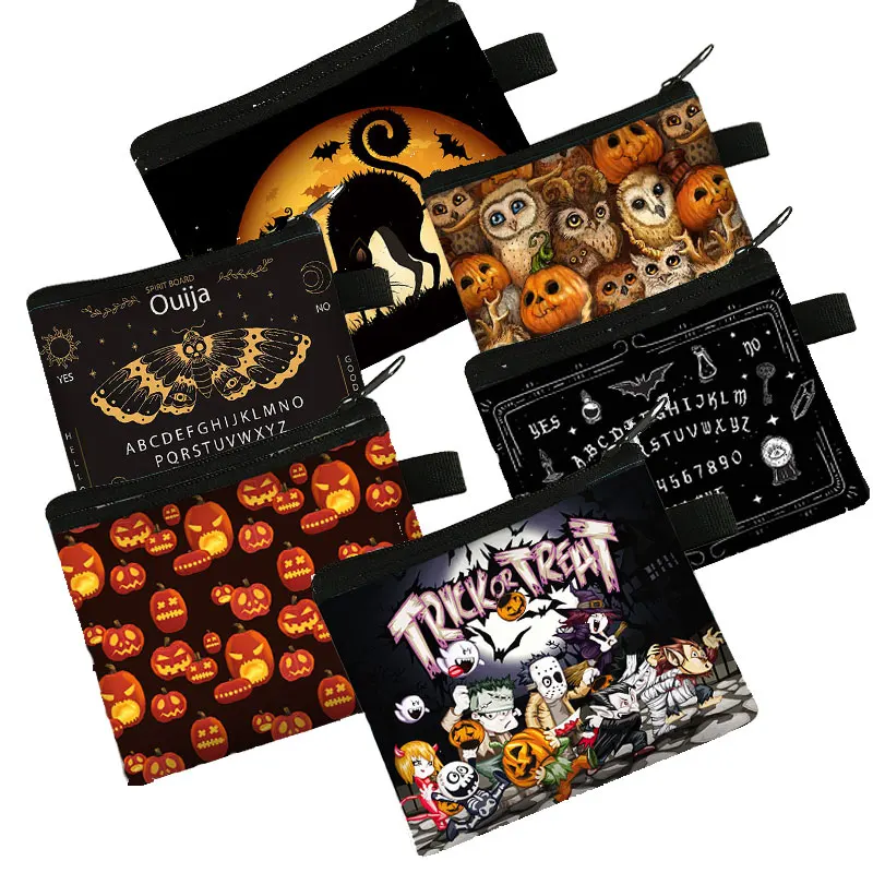 Spider Cat Bat Pumpkin Skull Coin Purse Women Wallets Credit ID Card Holder Small Money Coin Bag Key Ouija Board Halloween Gifts