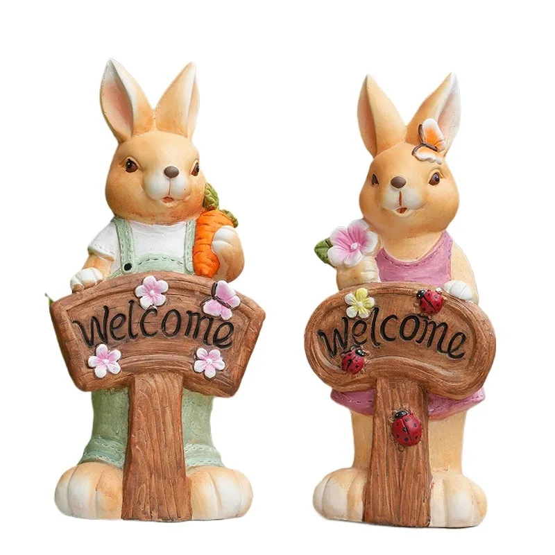 Cute Cartoon Rabbit Welcome Sign Ornament Waterproof Resin Statue for Garden Balcony Courtyard Scene Layout Decoration