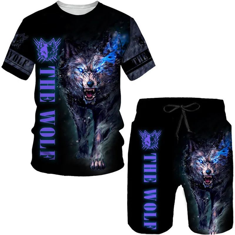 Men T-Shirts Set Animal The Wolf Print Letter Shorts Tracksuit 2 Piece Outfits Summer Oversized Man Clothing Fashion Streetwear