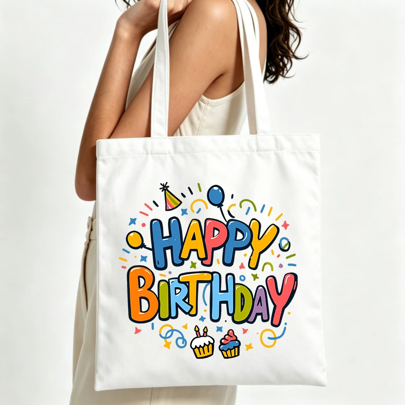 happy birthday graphic canvas tote bag with colorful party design, ideal for birthday celebrations and casual daily use