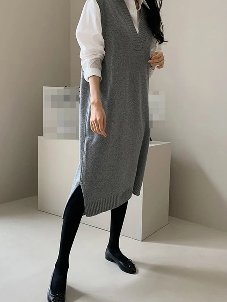 Vestido Tricotado Sem Mangas em Estilo Coreano com Decote em V para Mulheres, Vestido Solto em Camadas para Outono e Inverno,...